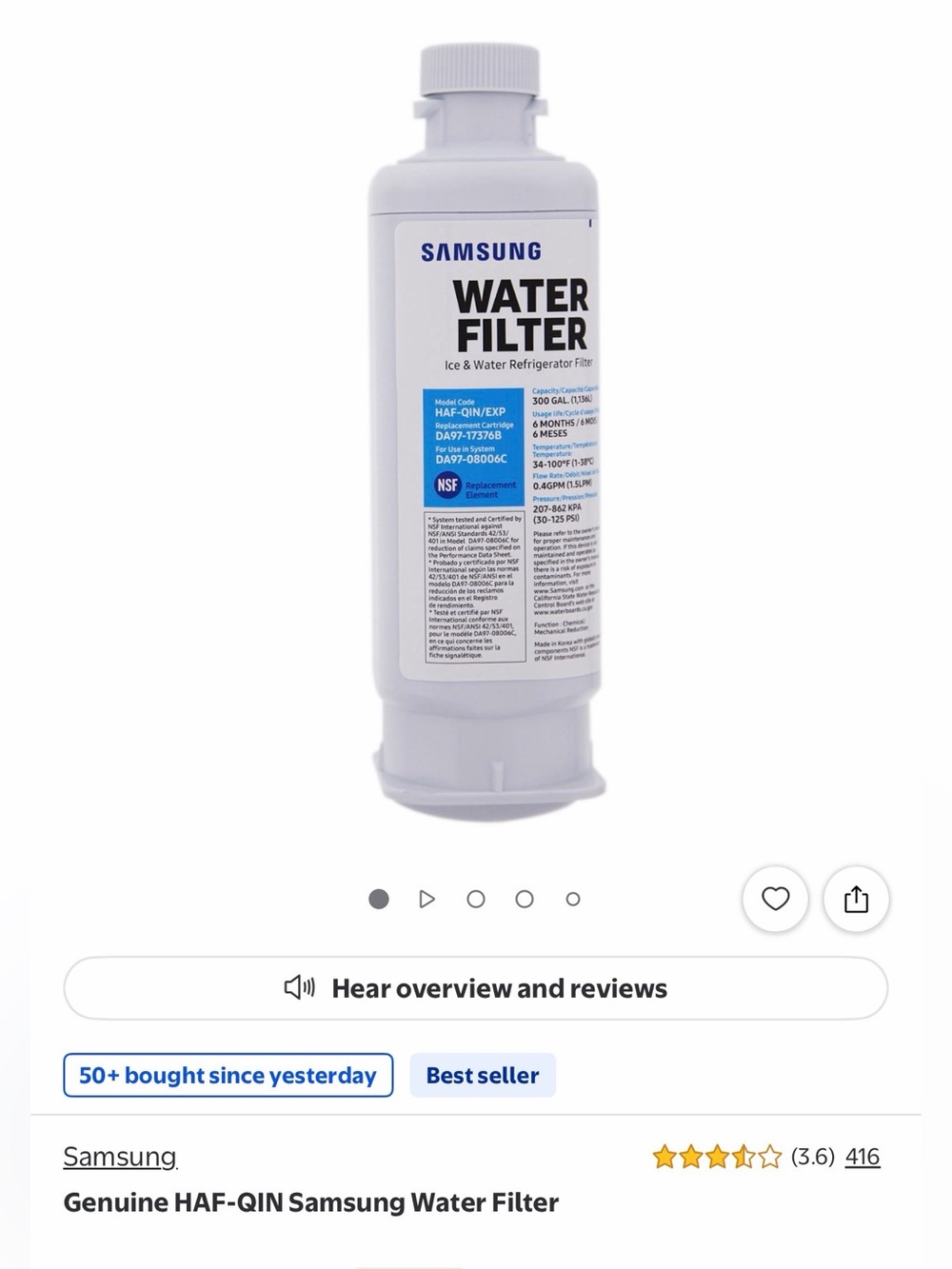 Genuine Samsung Ice & Water Filter-Sealed